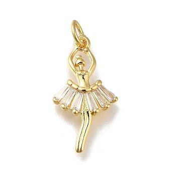 Rack Plating Brass Micro Pave Clear Cubic Zirconia Pendants, Long-Lasting Plated, Lead Free & Cadmium Free, Dancing Girl, with Jump Ring, Real 18K Gold Plated, 21x11.5x3mm, Hole: 3.5mm