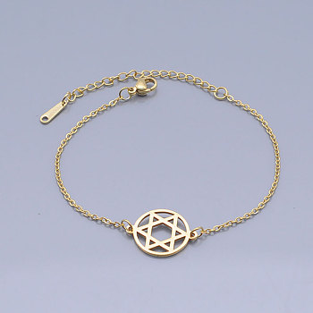 201 Stainless Steel Link Bracelets, for Jewish, with Lobster Claw Clasps, Flat Round with Star of David, Golden, 6-5/8 inch~6-7/8 inch(16.7~17.4cm)