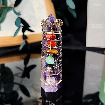 Wire Wrapped Tower Natural Amethyst Healing Stone Wands, with Natural Gemstone Chip, for Reiki Chakra Meditation Therapy Decos, Hexagon Prism, 65~70mm