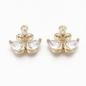 Brass Micro Pave Clear Cubic Zirconia Charms, Nickel Free, Swan Shape, Real 18K Gold Plated, 13x13x3mm, Hole: 1.2mm