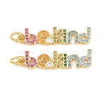 Brass Micro Pave Colorful Cubic Zirconia Pendants, Cadmium Free & Lead Free, Long-Lasting Plated, Rack Plating, Word of BEKIND Charms, Real 18K Gold Plated, 25.5x6.5x1.5mm, Hole: 3.5mm(KK-P353-08G)