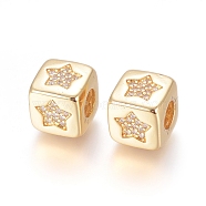 Brass Micro Pave Cubic Zirconia European Beads, Large Hole Beads, Long-Lasting Plated, Cube with Star Pattern, Clear, Golden, 9x9x9.5mm, Hole: 4.5mm(ZIRC-G162-14G-07)