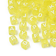 Transparent Acrylic Beads, Cube with White Random Mixed Letters, Yellow, 6x6x6mm, Hole: 3.5mm(X1-TACR-ywc0001-01C)