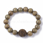 Green Sandalwood Mala Bead Bracelets, Stretch Bracelets, Round, Green Sandalwood will Oxidize and Change Color Over Time, Dark Khaki, 2 inch(5.1cm)(BJEW-S140-03B)