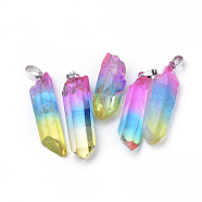 Natural Crystal Pendants, with Brass Findings, Dyed, Mixed Shapes, Platinum, Mixed Color, 30~65x9~15x7~15mm, Hole: 3x6mm(G-R443-15E)