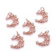 Brass Micro Pave Cubic Zirconia Pendants, with Jump Rings, Moon, Clear, Rose Gold, 18.5x15x3.5mm, Hole: 3mm(ZIRC-L070-43RG)