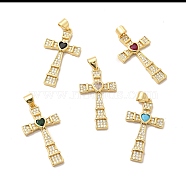 Rack Plating Brass Micro Pave Cubic Zirconia Pendants, Long-Lasting Plated, Lead Free & Cadmium Free, Cross Charm, Real 18K Gold Plated, Mixed Color, 30x27x3mm, Hole: 4x5mm(KK-K165-07G)