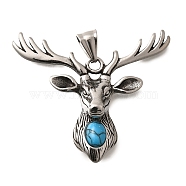 304 Stainless Steel Pave Synthetic Turquoise Big Pendants, Deer Head Charms, Antique Silver, 41.5x50.5x14.5mm, Hole: 9x5mm(STAS-A109-01AS)