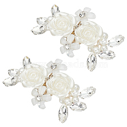 1 Pair Rose Flower Brass Shoe Buckle Clips, Detachable Plastic Imitation Pearl & Rhinestone Shoe Decoration, White, 35x70x10mm(AJEW-FG0003-61)