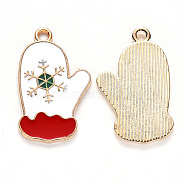 Alloy Enamel Pendants, for Christmas, Christmas Glove, with Snowflake Pattern, Light Gold, White, 25.5x15.5x1.5mm, Hole: 2mm(X-ENAM-S121-103)