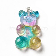 Translucent Resin Pendants, Glitter Bear Charms, with Platinum Tone Iron Loops, Green, 32x19x8.5mm, Hole: 2mm(CRES-K010-01C)