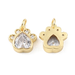 Rack Plating Brass Micro Pave Cubic Zirconia Charms, Cadmium Free & Lead Free, Long-Lasting Plated, with Jump Ring, Dog's Paw Print Charm, Real 18K Gold Plated, 12x11.5x4.5mm, Hole: 3.2mm(KK-C021-07G)