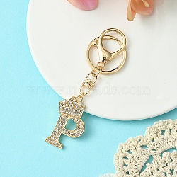 Golden Alloy Rhinestone Keychain, with Alloy Clasp and Iron Rings, Letter P, 10cm, Pendant: 42mm(KEYC-YW00105-16)