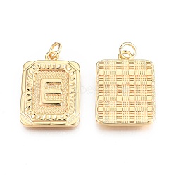 Brass Pendants, with Jump Rings, Cadmium Free & Nickel Free & Lead Free, Rectangle with Letter, Real 18K Gold Plated, Letter.E, 22.5x16x2mm, Jump Ring: 5x1mm, 3mm inner diameter(KK-N232-512E)