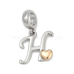 Brass European Dangle Charms, Heart Letter Large Hole Pendants, Platinum & Golden, Letter H, 25.5~30.5mm, Hole: 6mm(KK-Z097-01H-GP)