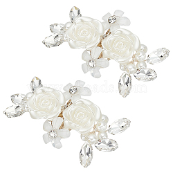 1 Pair Rose Flower Brass Shoe Buckle Clips, Detachable Plastic Imitation Pearl & Rhinestone Shoe Decoration, White, 35x70x10mm(AJEW-FG0003-61)