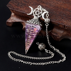 Natural Amethyst Chip & Resin Orgonite Dowsing Pendulum Big Pendants, with Platinum Plated Metal Triple Moon Pentagram, Hexagonal Cone Charm Charm, 300mm(PW-WG36861-08)