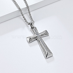 Cross Stainless Steel Crystal Rhinestone Pendant Necklaces, Stainless Steel Color, 23.62 inch(60cm)(FS-WG08269-01)