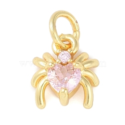 Brass Micro Pave Cubic Zirconia Pendants, Spider Charm, with Jump Ring, Real 18K Gold Plated, Pearl Pink, 9x8x3.5mm, Hole: 3mm(KK-S390-03G-01)