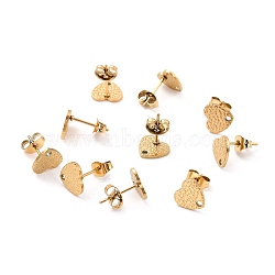 Ion Plating(IP) 304 Stainless Steel Stud Earring Findings, with Ear Nuts, Textured Heart, Real 18K Gold Plated, 12x9mm, Hole: 1.4mm, Pin: 0.7mm(STAS-I183-08A-G)