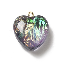 Transparent Resin Pendants, Heart Charms, with Gold Foil and Golden Tone Iron Loops, Dark Slate Gray, 23.5~24x22x11~12mm, Hole: 2mm(RESI-F035-02E)