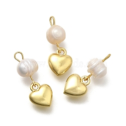 Brass & Natural Pearl Heart Pendants, Rack Plating, Long-Lasting Plated, Cadmium Free & Lead Free, Real 18K Gold Plated, 19.5mm, Hole: 1.8mm(KK-Z093-32G)