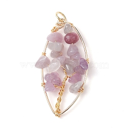 Natural Lilac Jade Chip Pendants, Golden Plated Brass Leaf Charms, 35~37x17~19x4.5~6.5mm, Hole: 3.3mm(PALLOY-JF02596-02)