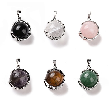 Natural Mixed Stone Pendants, Ball Sphere Charms with Platinum Tone Brass Findings, 24x21x18mm, Hole: 8x5mm