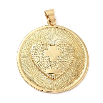 Rack Plating Brass Pendants, Long-Lasting Plated, Cadmium Free & Lead Free, Flat Round with Heart Charm, Real 18K Gold Plated, 28.5x25.5x3mm, Hole: 3.5x4mm