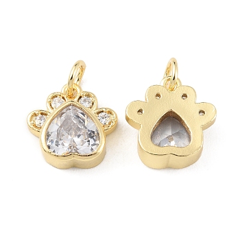 Rack Plating Brass Micro Pave Cubic Zirconia Charms, Cadmium Free & Lead Free, Long-Lasting Plated, with Jump Ring, Dog's Paw Print Charm, Real 18K Gold Plated, 12x11.5x4.5mm, Hole: 3.2mm