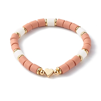 Handmade Polymer Clay Beads Stretch Bracelets, with Brass Beads, Heart, Camel, Inner Diameter: 2~2-1/8 inch(5.2~5.3cm)
