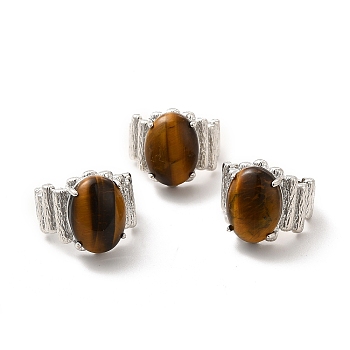 Natural Tiger Eye Oval Open Cuff Ring, Platinum Brass Jewelry for Women, Inner Diameter: 19mm