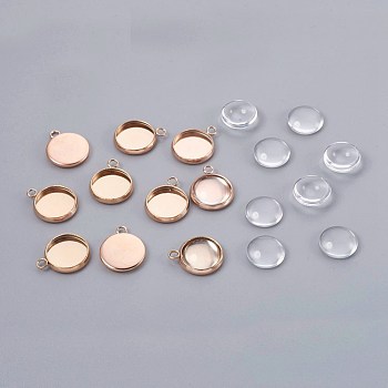 DIY Pendant Making, 304 Stainless Steel Pendant Cabochon Settings and Glass Cabochons, Half Round, Clear, Rose Gold, 9.5~10x3.5mm