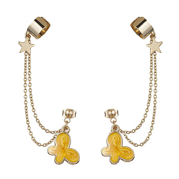 Light Gold 304 Stainless Steel Cuff Earring Chains, Star & Butterfly Alloy Enamel Dangle Stud Earrings Crawler Earrings, Gold, 77mm