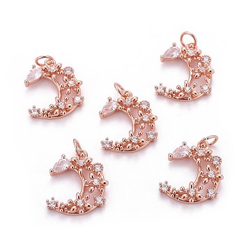 Brass Micro Pave Cubic Zirconia Pendants, with Jump Rings, Moon, Clear, Rose Gold, 18.5x15x3.5mm, Hole: 3mm