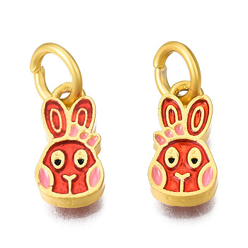 Alloy Enamel Charms, with Jump Rings, Matte Gold Color, Cadmium Free & Lead Free, Rabbit, Red, 12.5x6x2mm, Jump Ring: 6x1mm, 4mm inner diameter