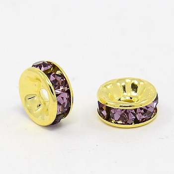 Brass Grade A Rhinestone Spacer Beads, Golden Plated, Rondelle, Nickel Free, Light Amethyst, 4x2mm, Hole: 0.8mm