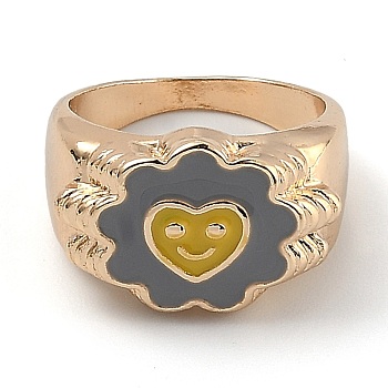 Alloy Enamel Finger Rings, Flower with Smiling Face, Light Gold, Yellow, US Size 6, Inner Diameter: 17mm