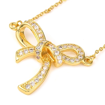 Brass Micro Pave Clear Cubic Zirconia Bowknot Pendant Necklaces, Cable Chain Neckalces for Women, Lead Free & Cadmium Free, Golden, 17.44 inch(44.3cm)