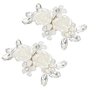 1 Pair Rose Flower Brass Shoe Buckle Clips, Detachable Plastic Imitation Pearl & Rhinestone Shoe Decoration, White, 35x70x10mm