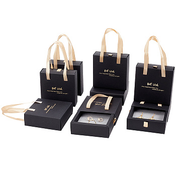 Elite 8Pcs Cardboard Paper Drawer Gift Boxes, with Black Sponge Inside & Rope Handle, for Jewelry Set Packaging, Square with Word Best Wish, Black, 10x10x3.5cm