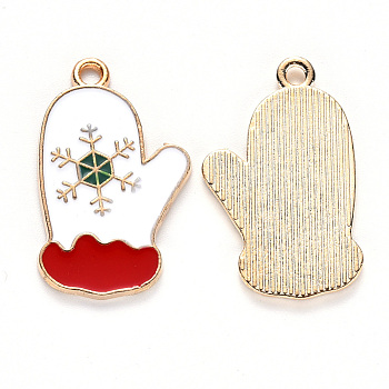 Alloy Enamel Pendants, for Christmas, Christmas Glove, with Snowflake Pattern, Light Gold, White, 25.5x15.5x1.5mm, Hole: 2mm