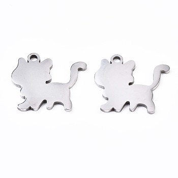 201 Stainless Steel Charms, Laser Cut Pendants, Cat, Stainless Steel Color, 13.5x15x1mm, Hole: 1.4mm