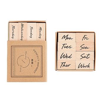 Wooden Stamps, with Rubber, Rectangle with Week Monday~Sunday & Working Day Pattern, BurlyWood, 32x14.5x24mm, 2boxes/set