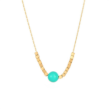 Stainless Steel Pendant Necklace for Women, Round & Cube, Golden, Aquamarine, 15-3/4 inch(40cm)
