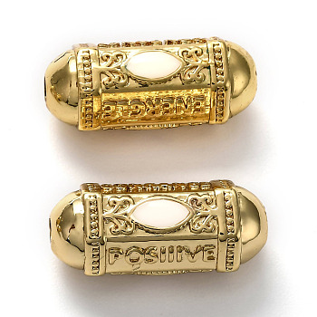 Brass Enamel Beads, Long-Lasting Plated, Real 18K Gold Plated, Oval & Word, White, 19x9x9mm, Hole: 2mm