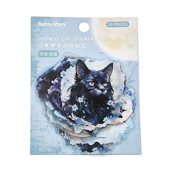 20Pcs Moonlit Cat Waterproof PET Self-Adhesive Decorative Stickers, for DIY Scrapbooking, Light Sky Blue, 61x43x0.2mm