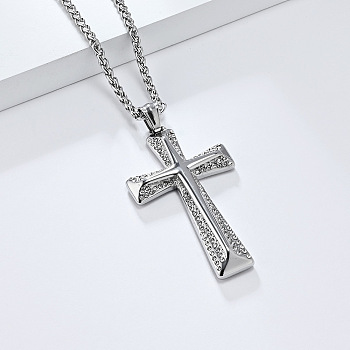 Cross Stainless Steel Crystal Rhinestone Pendant Necklaces, Stainless Steel Color, 23.62 inch(60cm)