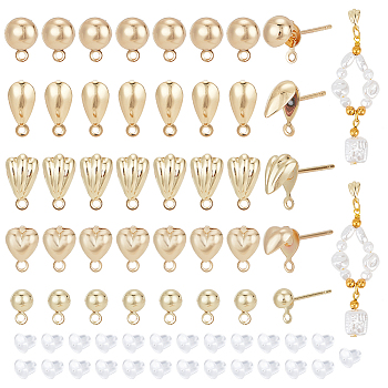 BENECREAT 40Pcs 5 Styles Teardrop & Shell & Heart & Flat Round Alloy Stud Earrings Findings, with Horizontal Loops, with 50Pcs Plastic Ear Nuts, Real 14K Gold Plated, 7.5~16.5x5.5~16.5mm, Hole: 1~1.2mm, Pin: 0.7~0.8mm, 8Pcs/style