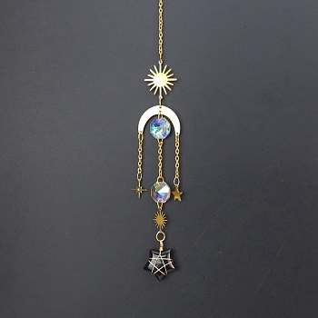 Natural Obsidian Star Sun Catcher Hanging Ornaments with Brass Sun, for Home, Garden Decoration, Golden, 400mm